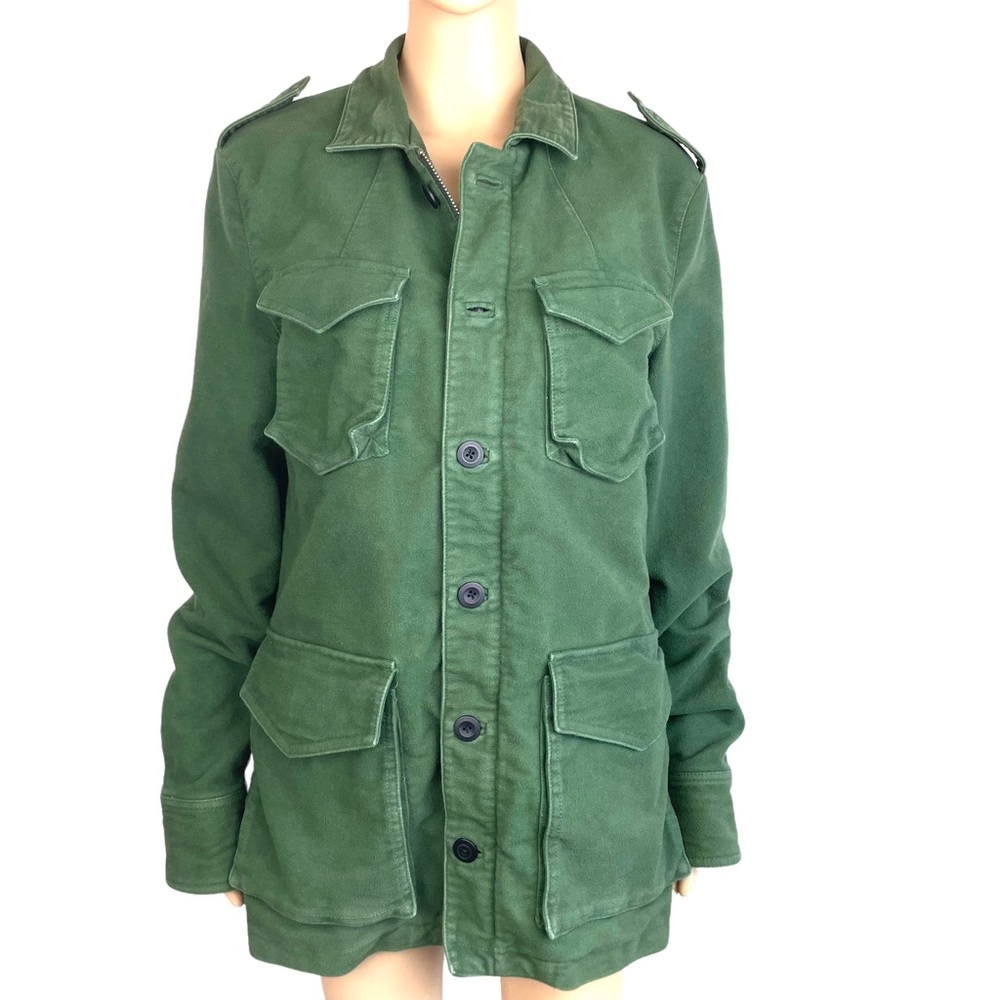 7 For All Mankind Womens Green Felt Army Coat Jacket M Heavy Lined Zips Pockets